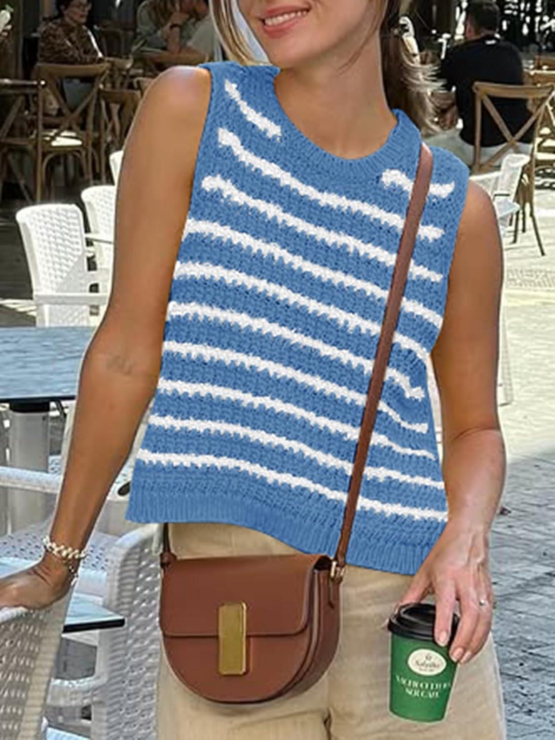 image:imageSaodimallsu Womens Sleeveless Striped Sweater Vest Crew Neck Summer Casual Side Split Knit Tank TopsBlue