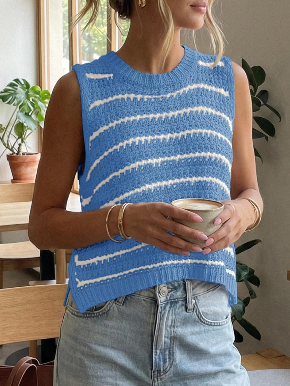 image:imageSaodimallsu Womens Sleeveless Striped Sweater Vest Crew Neck Summer Casual Side Split Knit Tank TopsBlue