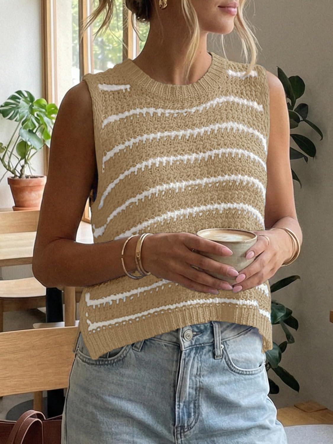 image:imageSaodimallsu Womens Sleeveless Striped Sweater Vest Crew Neck Summer Casual Side Split Knit Tank TopsKhaki