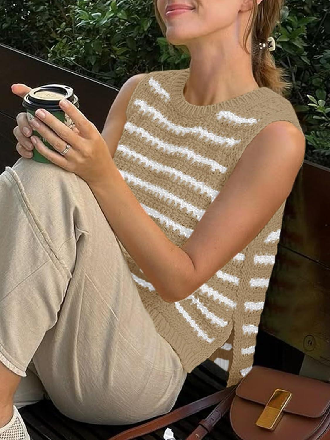 image:imageSaodimallsu Womens Sleeveless Striped Sweater Vest Crew Neck Summer Casual Side Split Knit Tank TopsKhaki