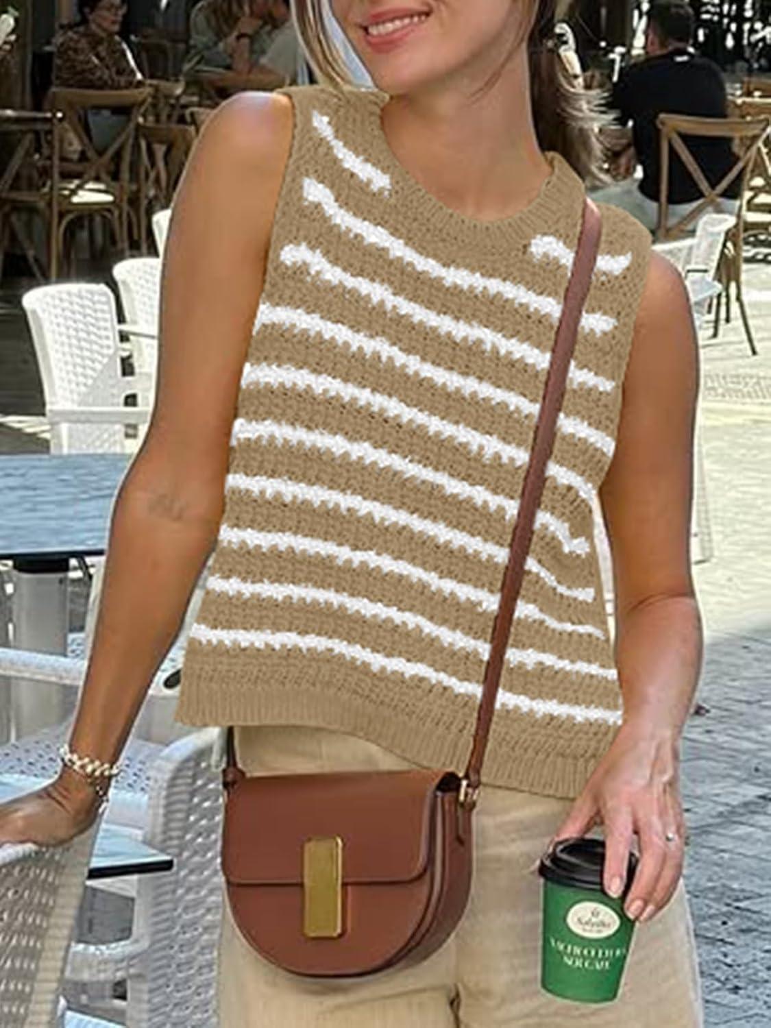 image:imageSaodimallsu Womens Sleeveless Striped Sweater Vest Crew Neck Summer Casual Side Split Knit Tank TopsKhaki