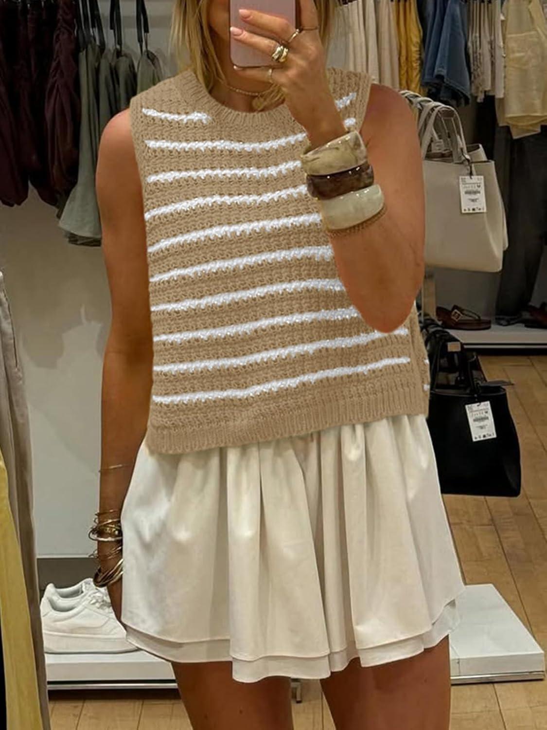 image:imageSaodimallsu Womens Sleeveless Striped Sweater Vest Crew Neck Summer Casual Side Split Knit Tank TopsKhaki