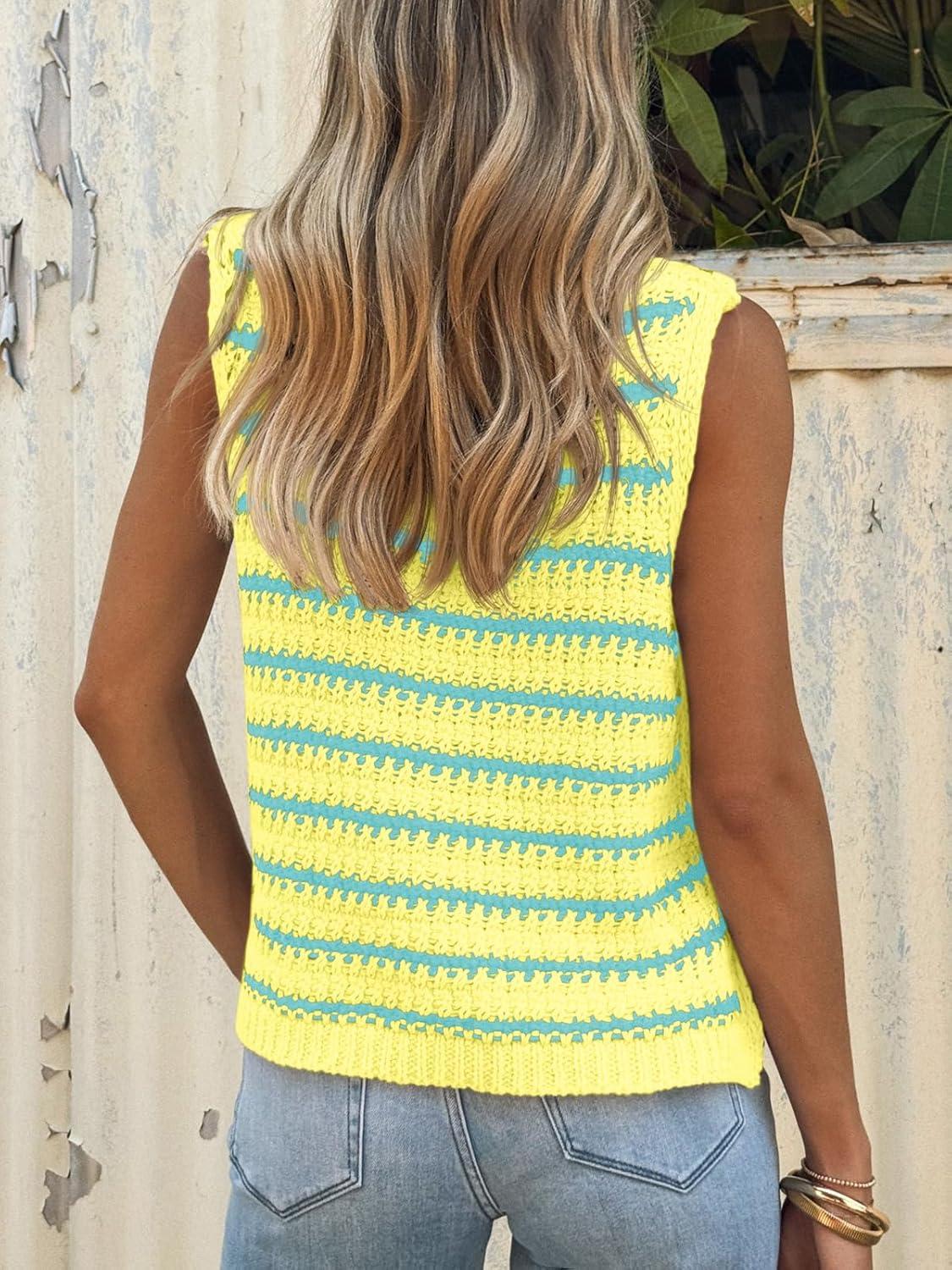 image:imageSaodimallsu Womens Sleeveless Striped Sweater Vest Crew Neck Summer Casual Side Split Knit Tank TopsLake Blue