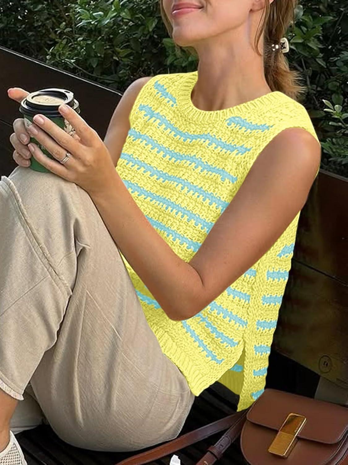 image:imageSaodimallsu Womens Sleeveless Striped Sweater Vest Crew Neck Summer Casual Side Split Knit Tank TopsLake Blue