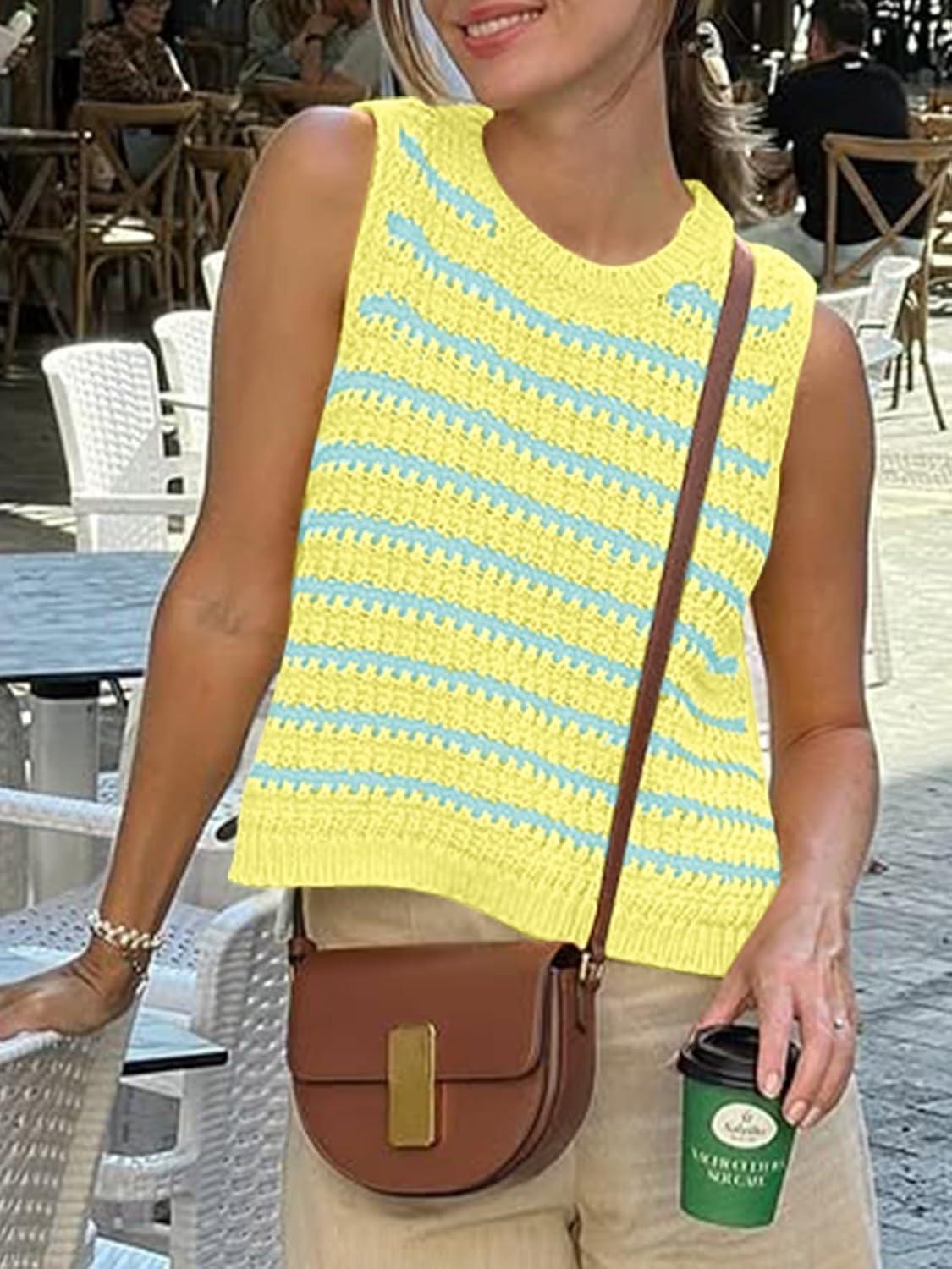 image:imageSaodimallsu Womens Sleeveless Striped Sweater Vest Crew Neck Summer Casual Side Split Knit Tank TopsLake Blue