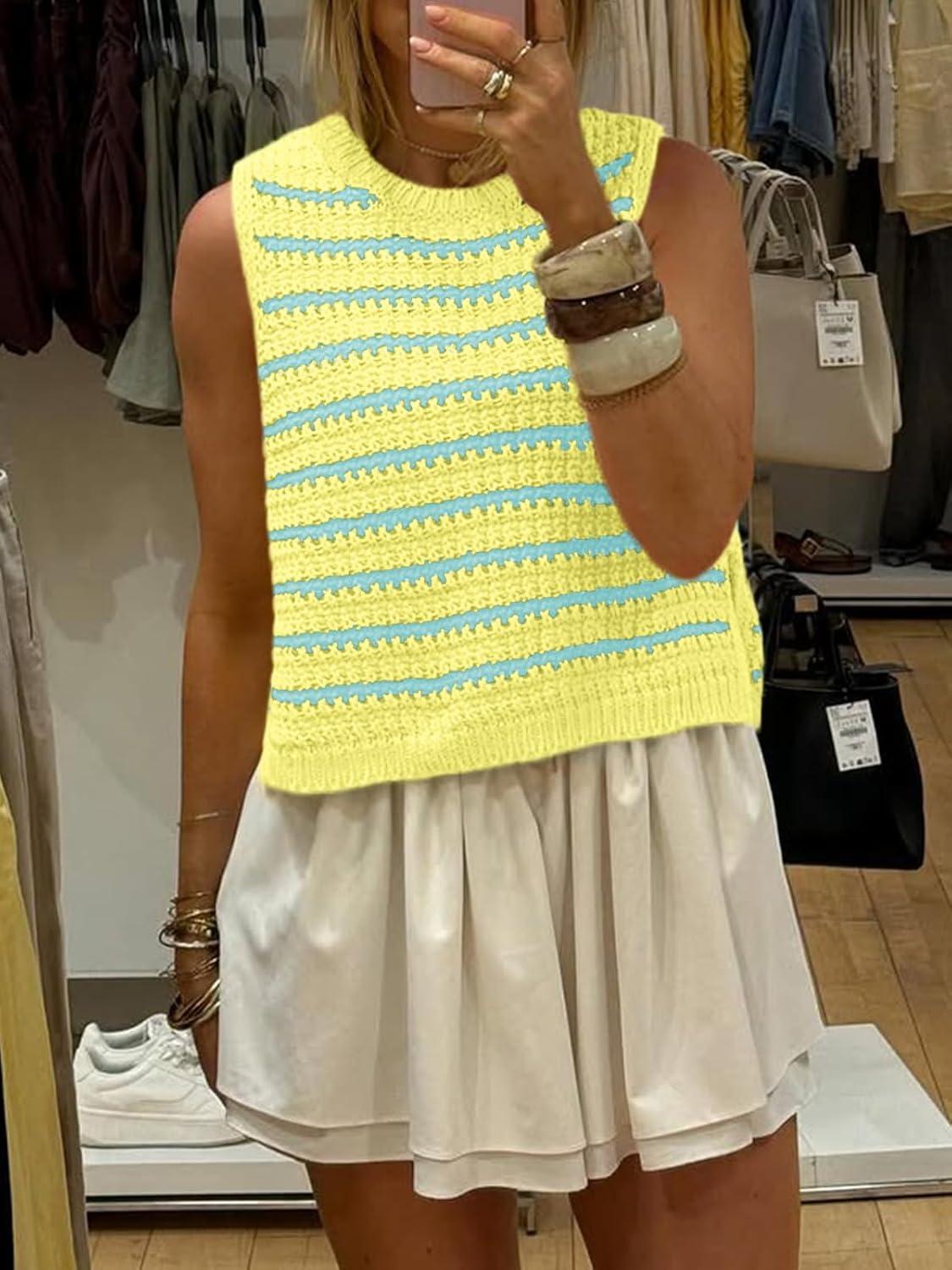 image:imageSaodimallsu Womens Sleeveless Striped Sweater Vest Crew Neck Summer Casual Side Split Knit Tank TopsLake Blue