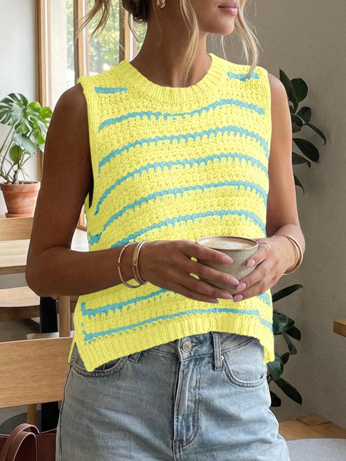 image:imageSaodimallsu Womens Sleeveless Striped Sweater Vest Crew Neck Summer Casual Side Split Knit Tank TopsLake Blue