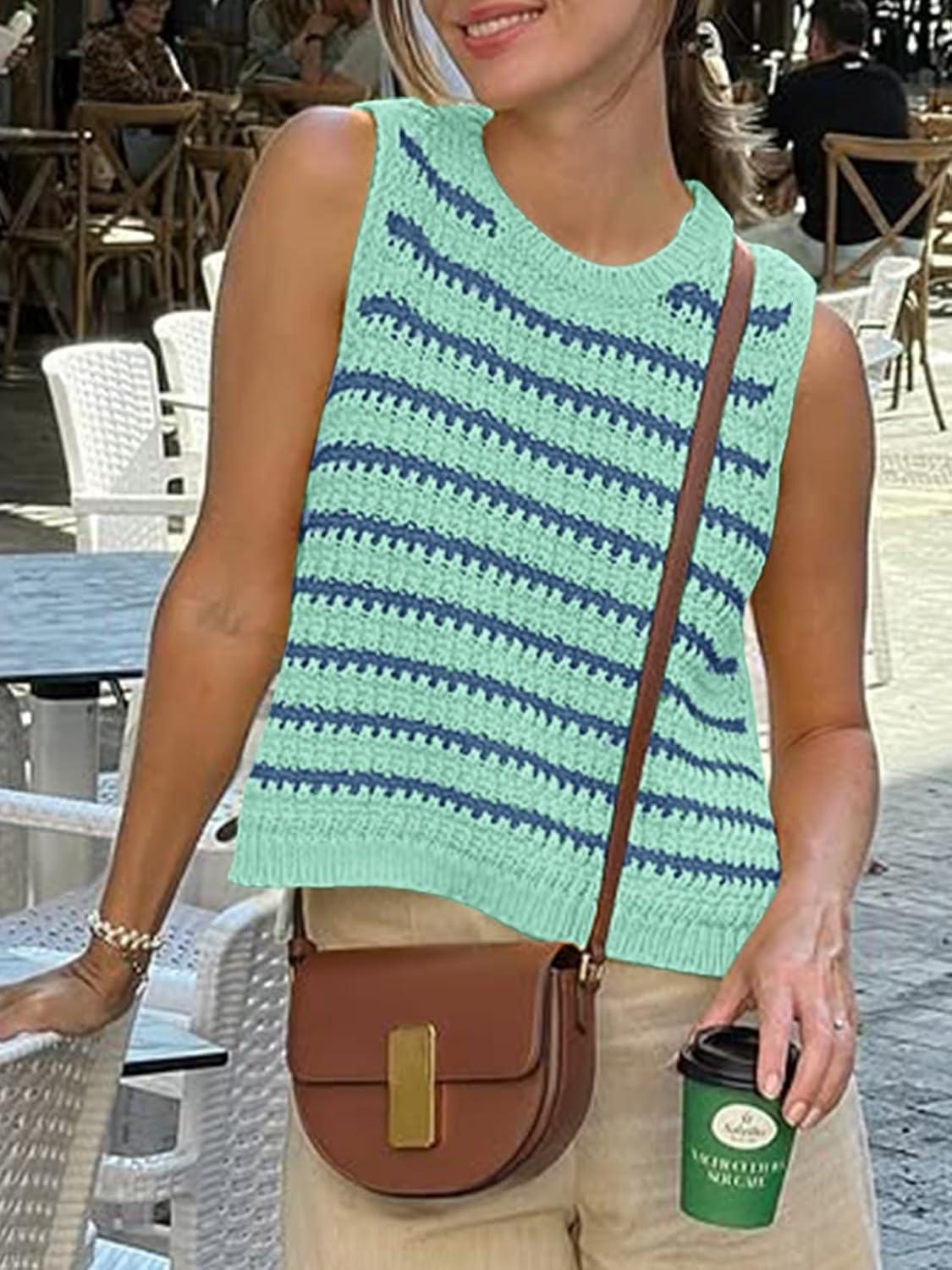 image:imageSaodimallsu Womens Sleeveless Striped Sweater Vest Crew Neck Summer Casual Side Split Knit Tank TopsLight Green