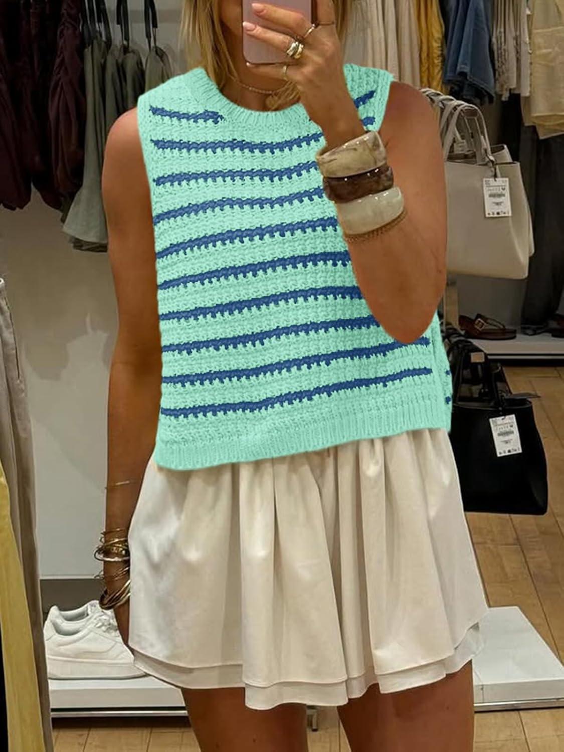 image:imageSaodimallsu Womens Sleeveless Striped Sweater Vest Crew Neck Summer Casual Side Split Knit Tank TopsLight Green