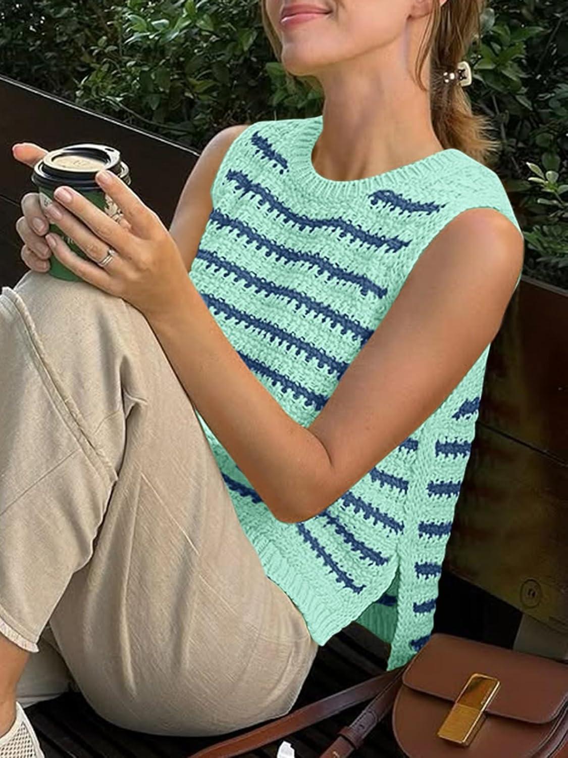 image:imageSaodimallsu Womens Sleeveless Striped Sweater Vest Crew Neck Summer Casual Side Split Knit Tank TopsLight Green