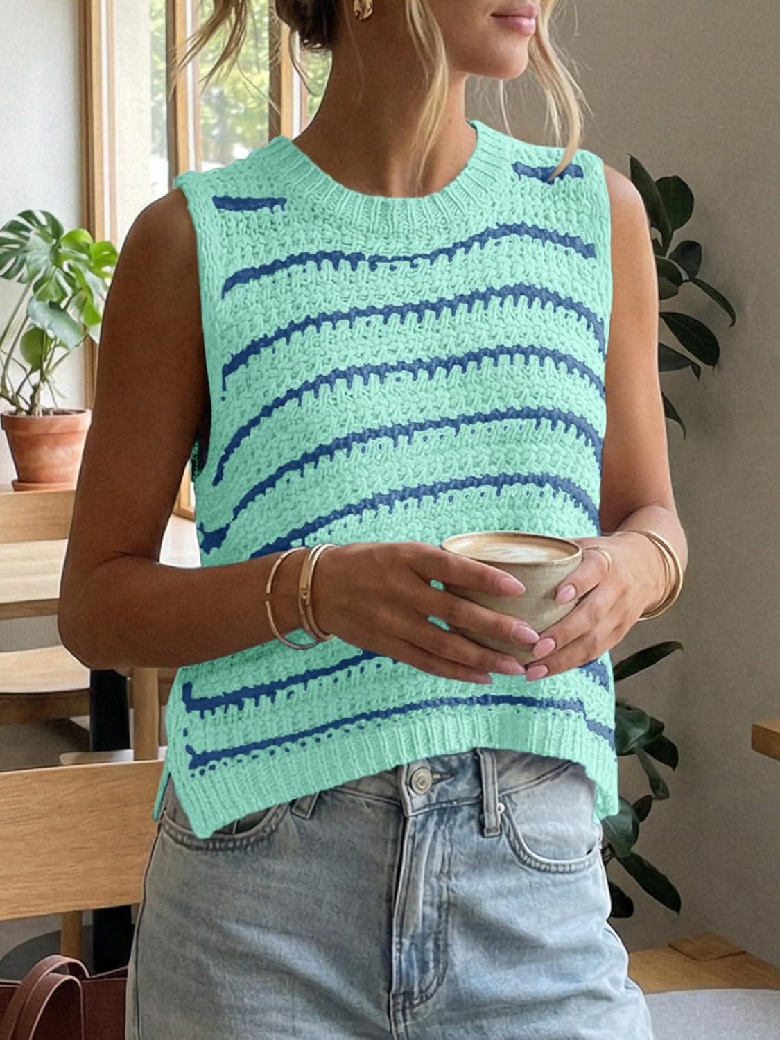 image:imageSaodimallsu Womens Sleeveless Striped Sweater Vest Crew Neck Summer Casual Side Split Knit Tank TopsLight Green
