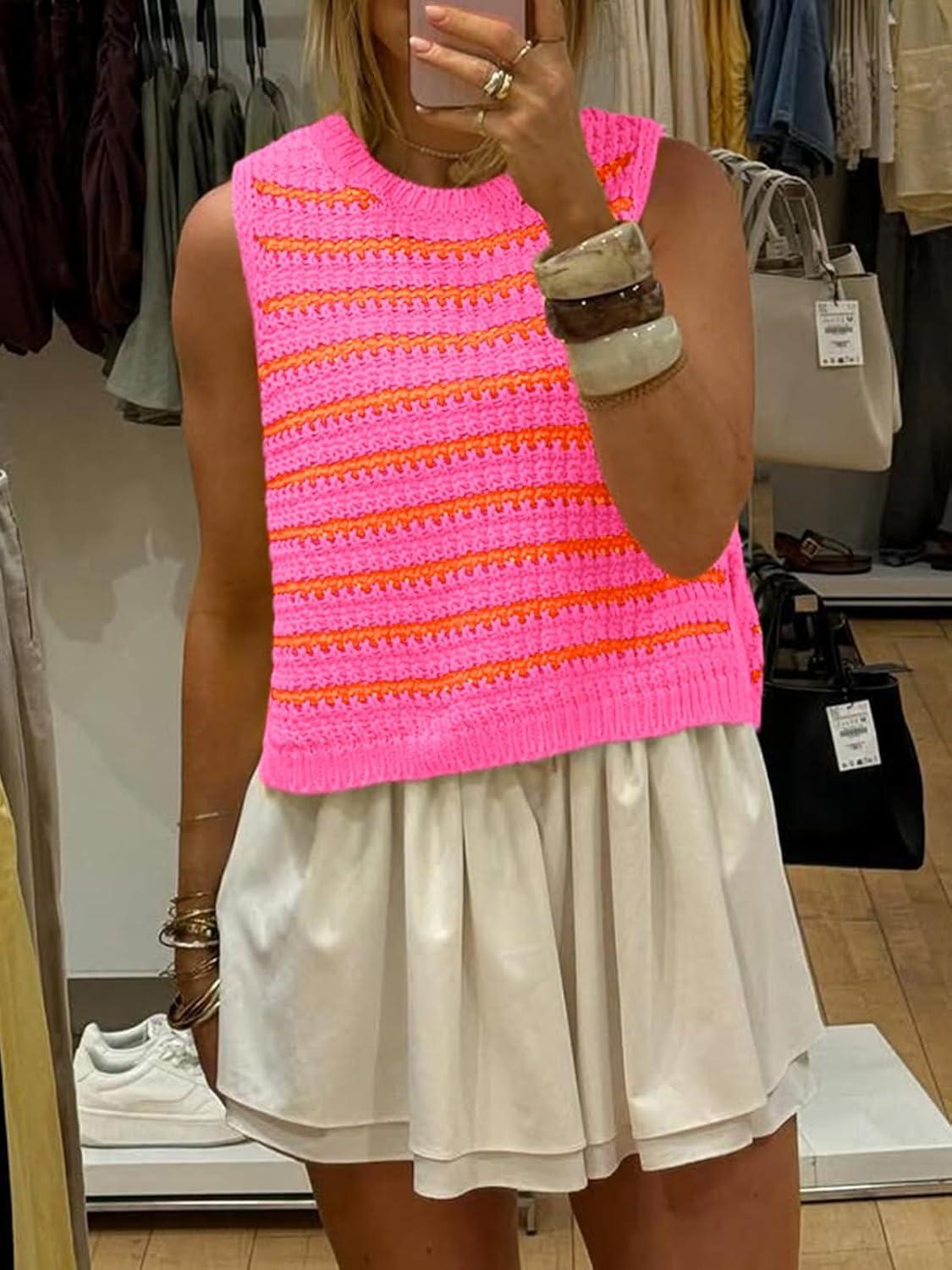 image:imageSaodimallsu Womens Sleeveless Striped Sweater Vest Crew Neck Summer Casual Side Split Knit Tank TopsOrange