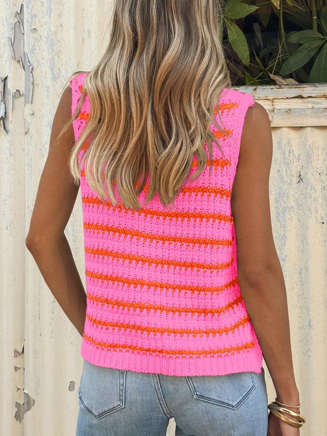 image:imageSaodimallsu Womens Sleeveless Striped Sweater Vest Crew Neck Summer Casual Side Split Knit Tank TopsOrange