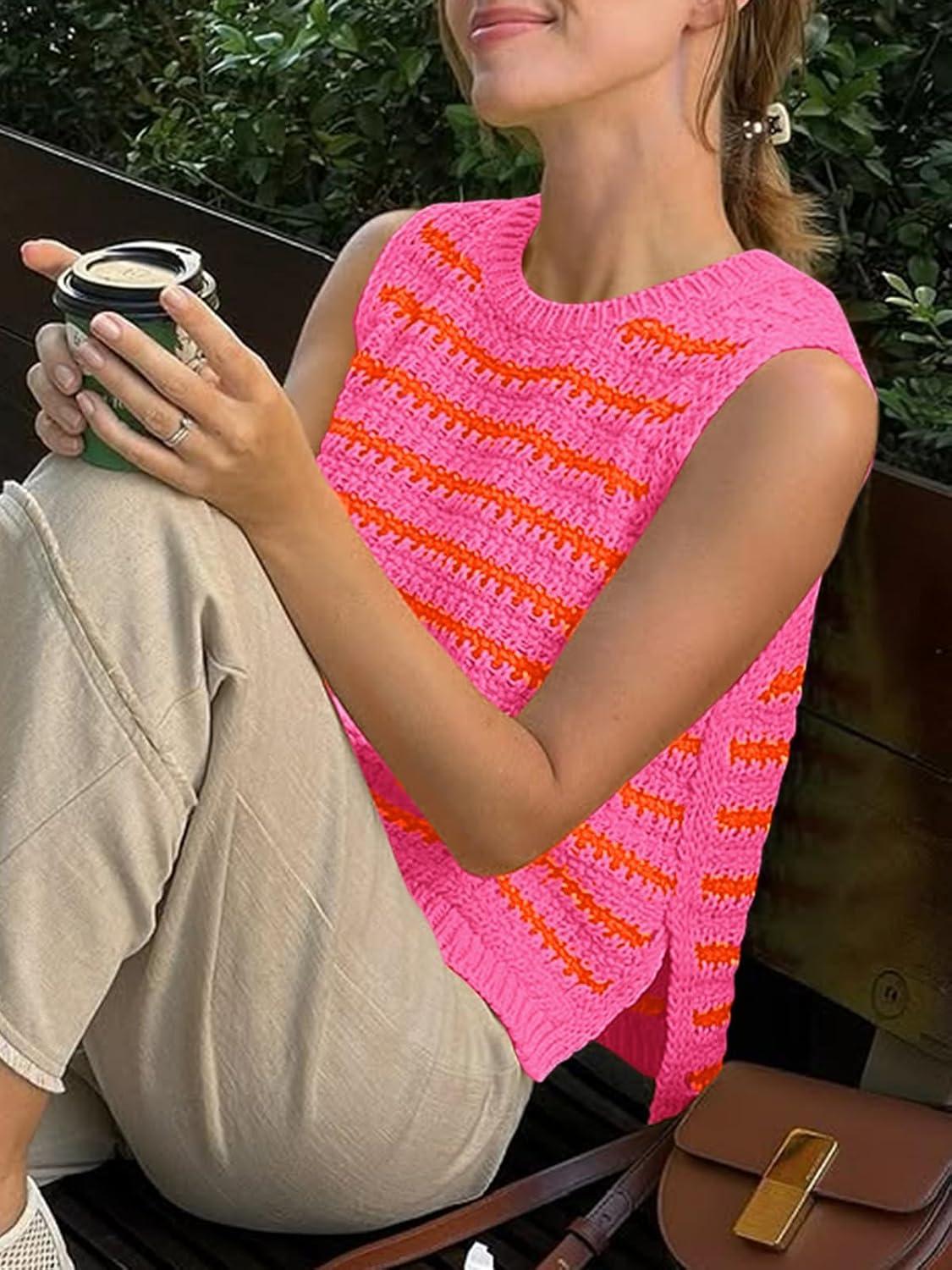 image:imageSaodimallsu Womens Sleeveless Striped Sweater Vest Crew Neck Summer Casual Side Split Knit Tank TopsOrange