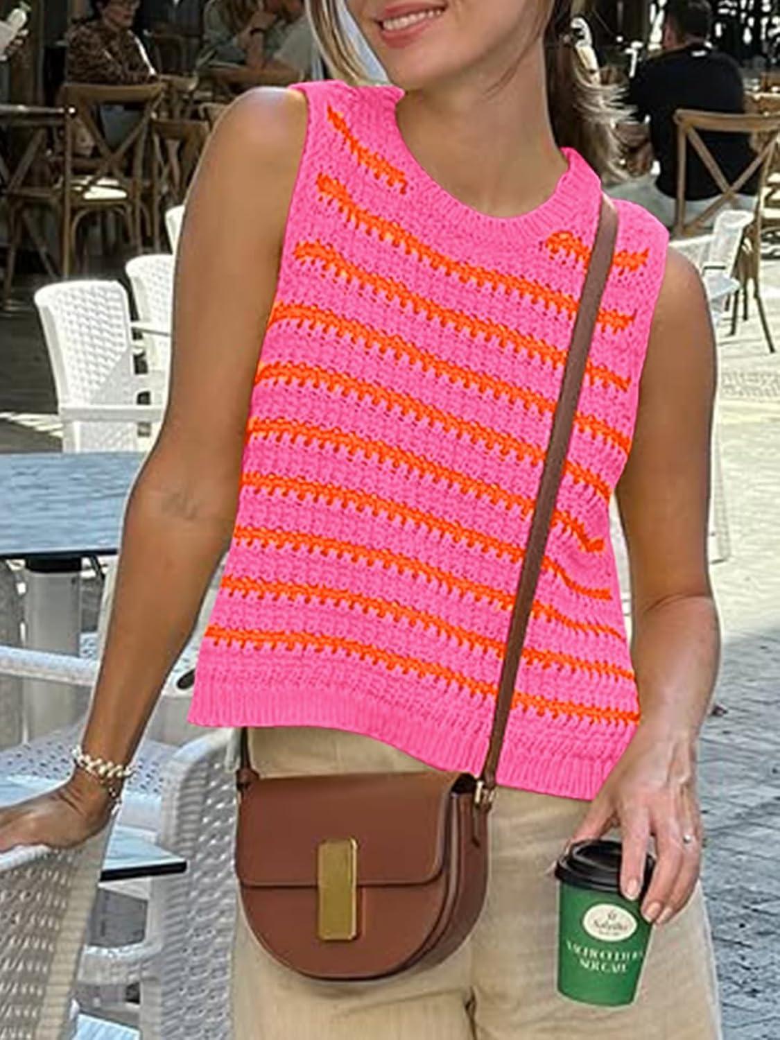 image:imageSaodimallsu Womens Sleeveless Striped Sweater Vest Crew Neck Summer Casual Side Split Knit Tank TopsOrange