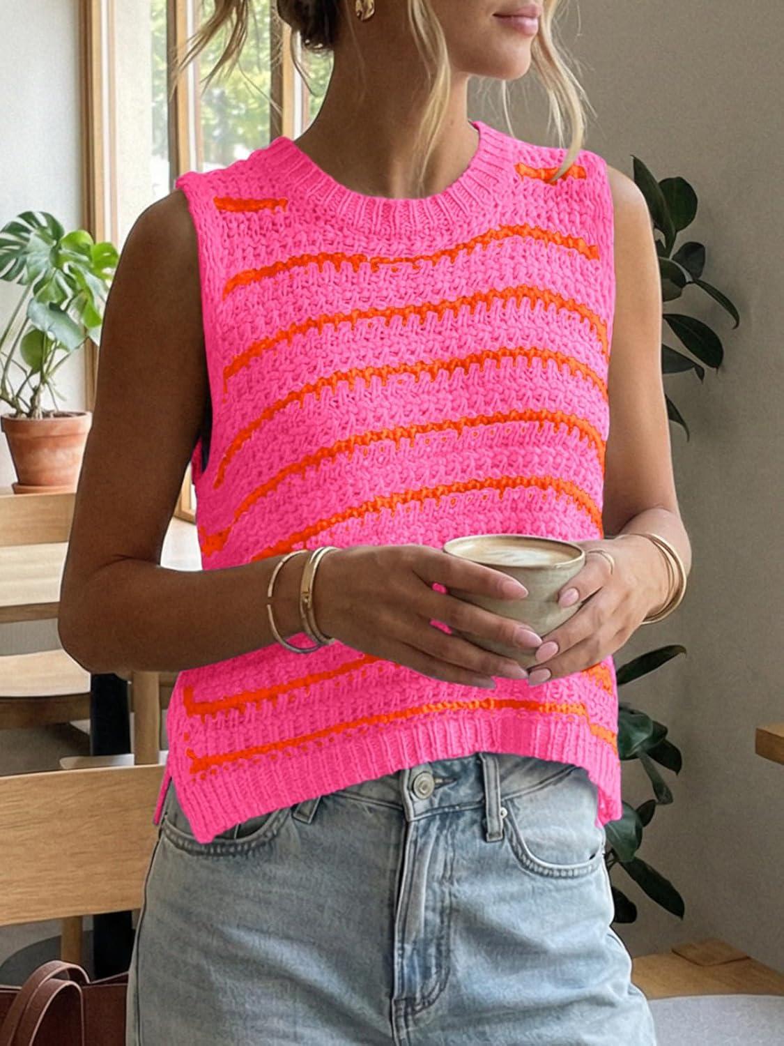 image:imageSaodimallsu Womens Sleeveless Striped Sweater Vest Crew Neck Summer Casual Side Split Knit Tank TopsOrange