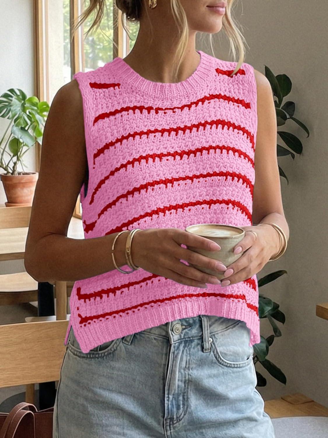 image:imageSaodimallsu Womens Sleeveless Striped Sweater Vest Crew Neck Summer Casual Side Split Knit Tank TopsRed