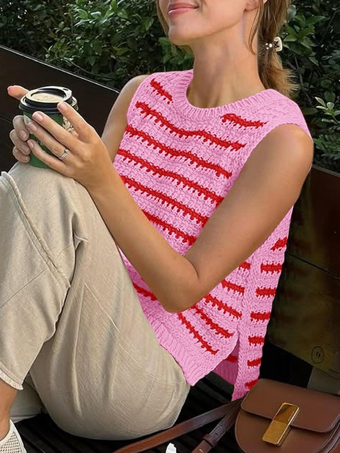 image:imageSaodimallsu Womens Sleeveless Striped Sweater Vest Crew Neck Summer Casual Side Split Knit Tank TopsRed
