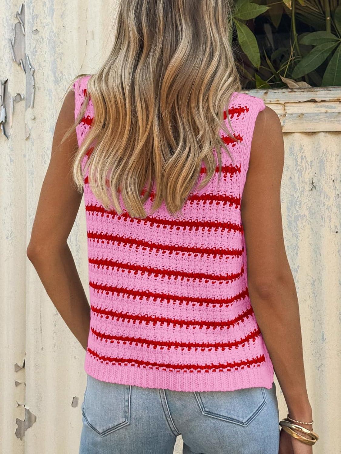 image:imageSaodimallsu Womens Sleeveless Striped Sweater Vest Crew Neck Summer Casual Side Split Knit Tank TopsRed