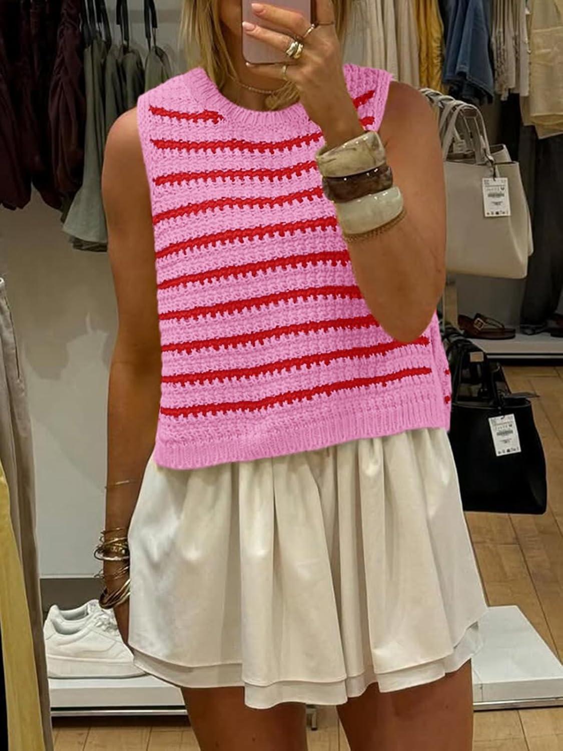 image:imageSaodimallsu Womens Sleeveless Striped Sweater Vest Crew Neck Summer Casual Side Split Knit Tank TopsRed