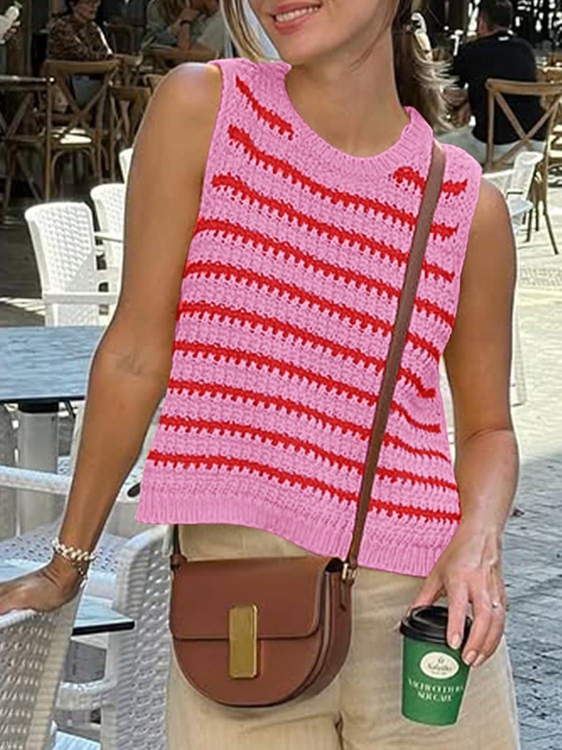 image:imageSaodimallsu Womens Sleeveless Striped Sweater Vest Crew Neck Summer Casual Side Split Knit Tank TopsRed