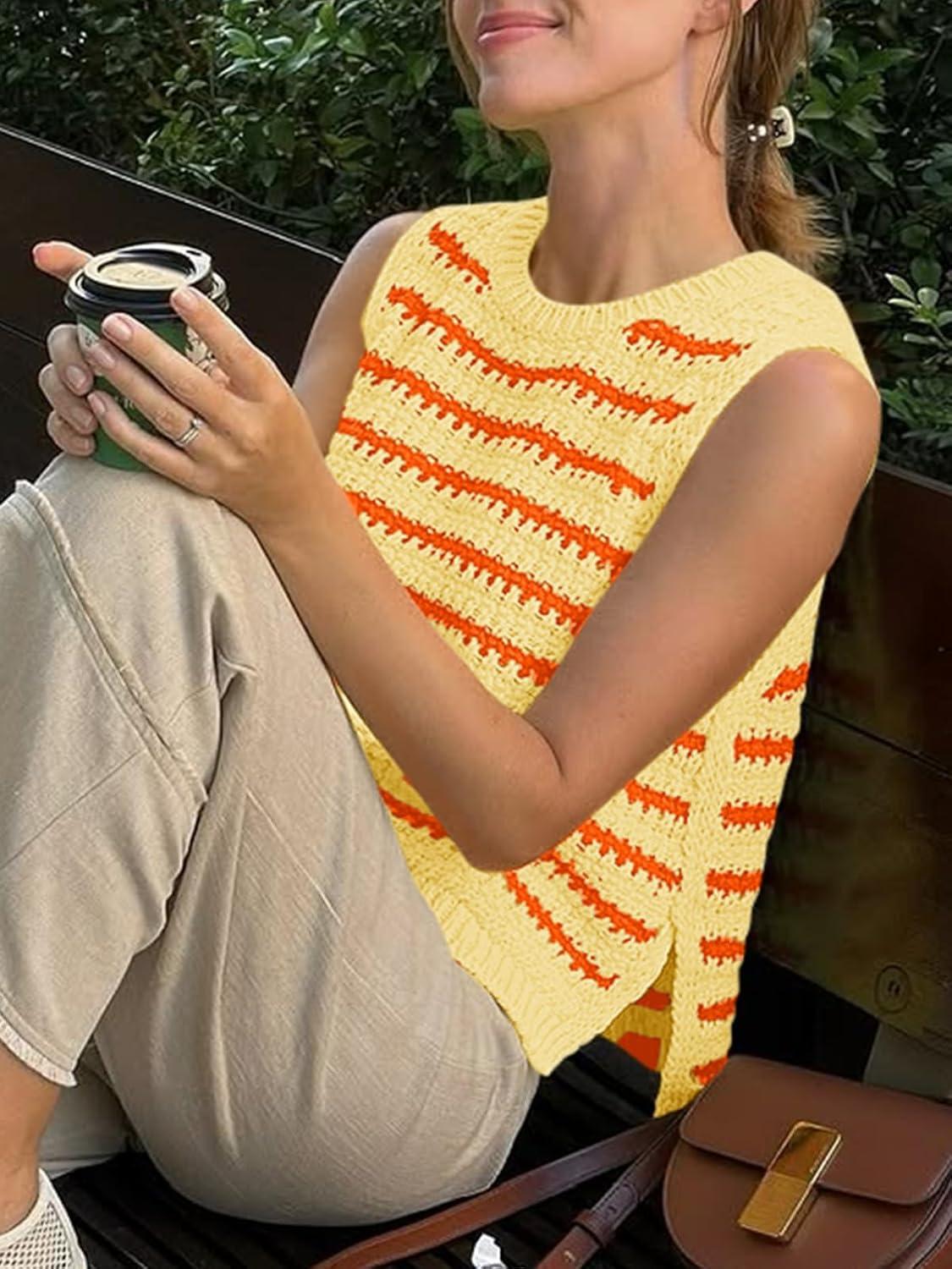 image:imageSaodimallsu Womens Sleeveless Striped Sweater Vest Crew Neck Summer Casual Side Split Knit Tank TopsYellow