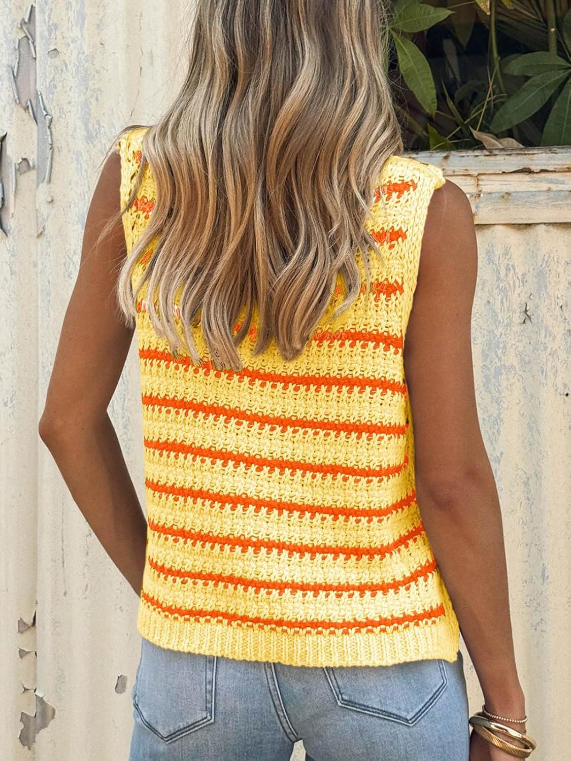 image:imageSaodimallsu Womens Sleeveless Striped Sweater Vest Crew Neck Summer Casual Side Split Knit Tank TopsYellow