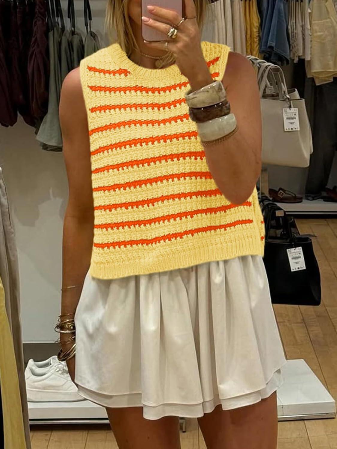 image:imageSaodimallsu Womens Sleeveless Striped Sweater Vest Crew Neck Summer Casual Side Split Knit Tank TopsYellow