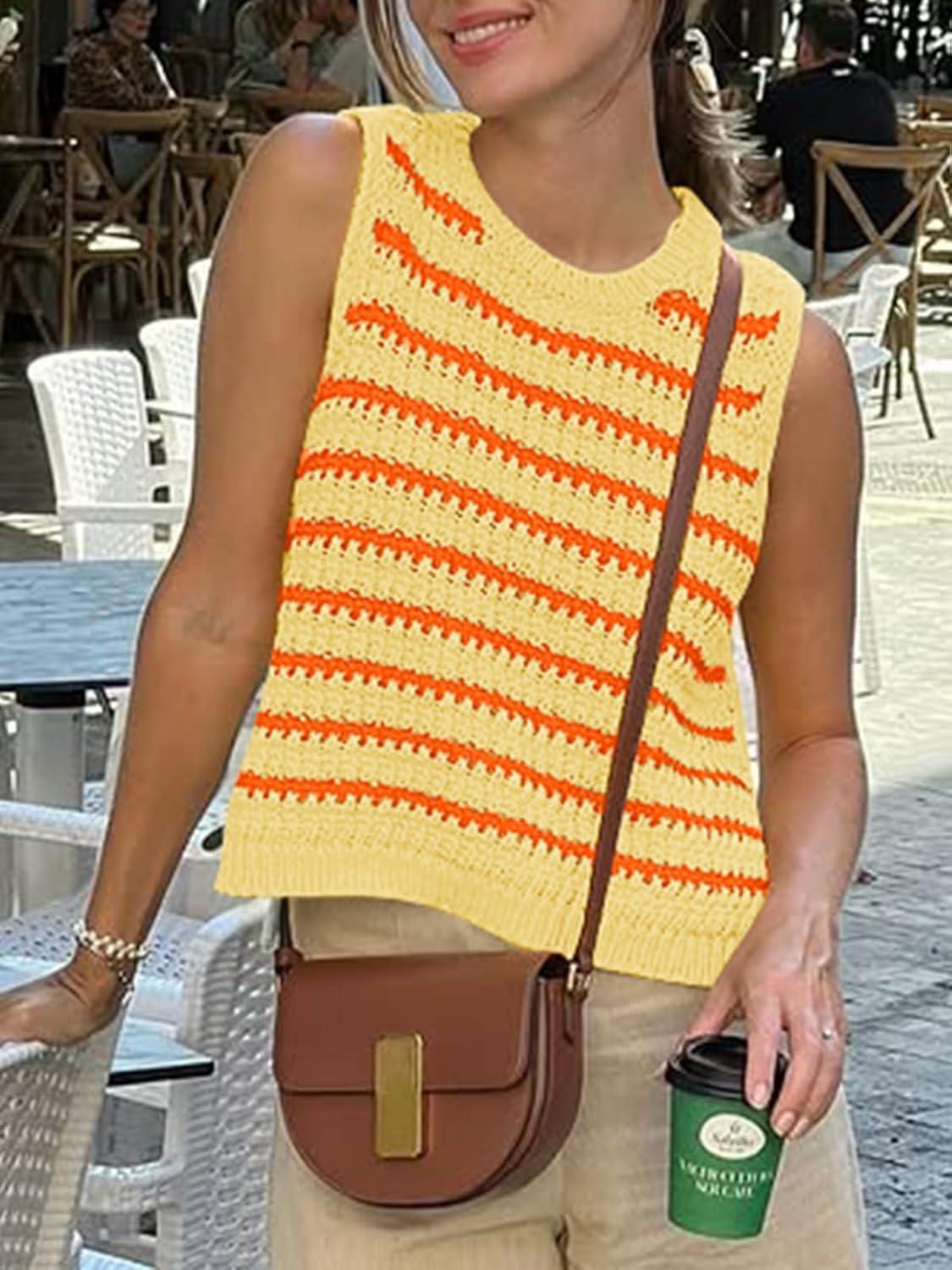image:imageSaodimallsu Womens Sleeveless Striped Sweater Vest Crew Neck Summer Casual Side Split Knit Tank TopsYellow