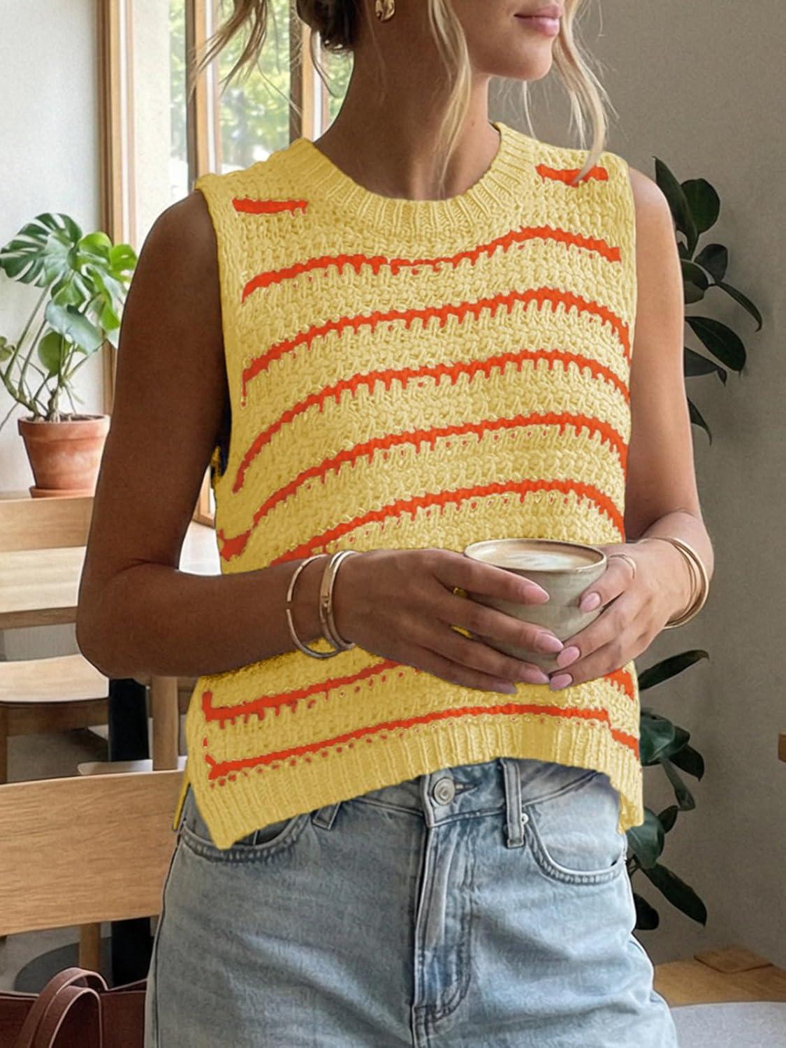 image:imageSaodimallsu Womens Sleeveless Striped Sweater Vest Crew Neck Summer Casual Side Split Knit Tank TopsYellow