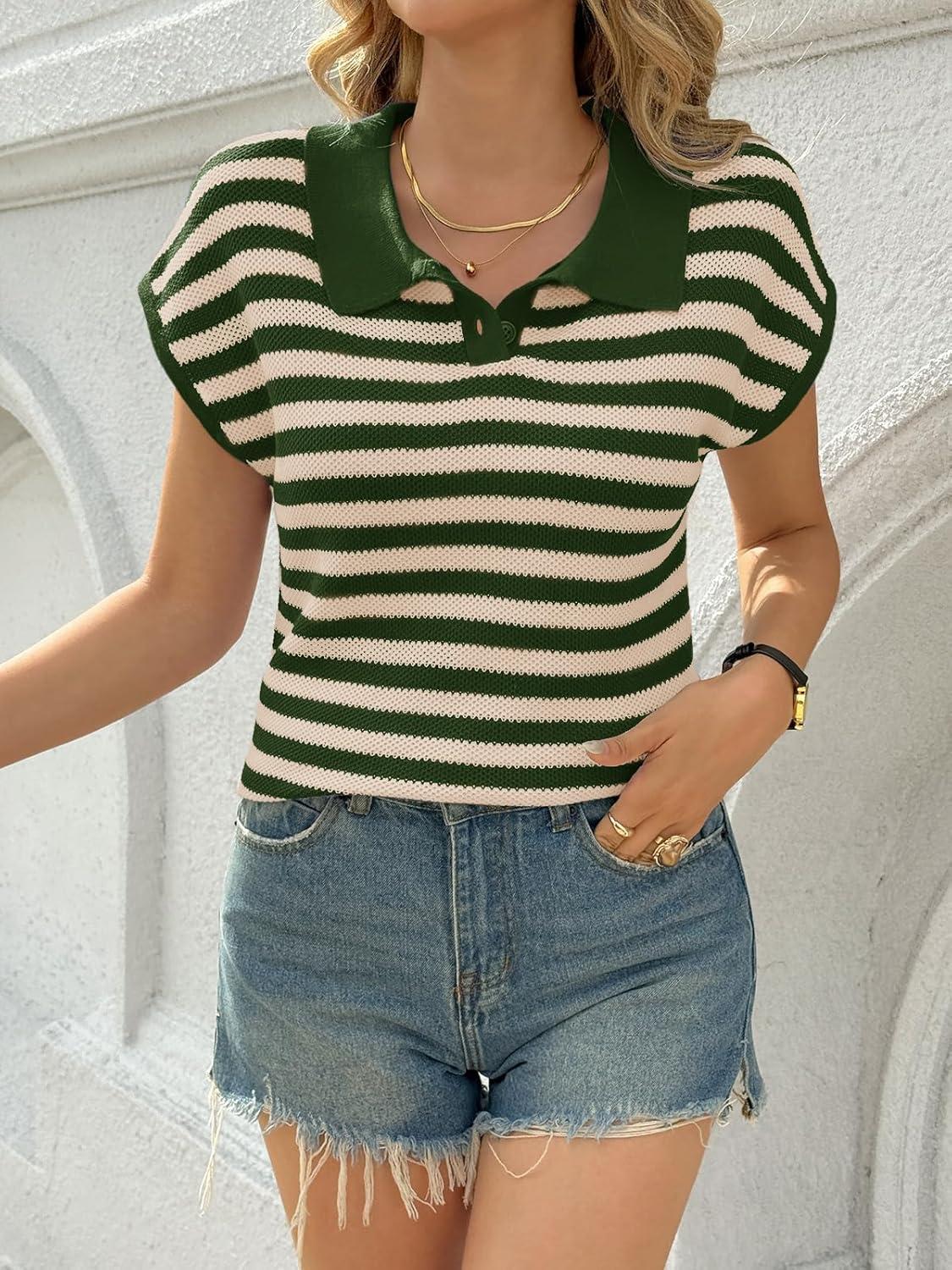 image:imageSaodimallsu Womens Striped Polo Sweater Cap Sleeve Summer Top Button V Neck Collared Knit Pullover ShirtsArmy Green