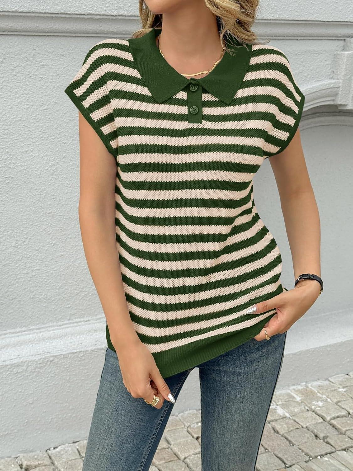 image:imageSaodimallsu Womens Striped Polo Sweater Cap Sleeve Summer Top Button V Neck Collared Knit Pullover ShirtsArmy Green