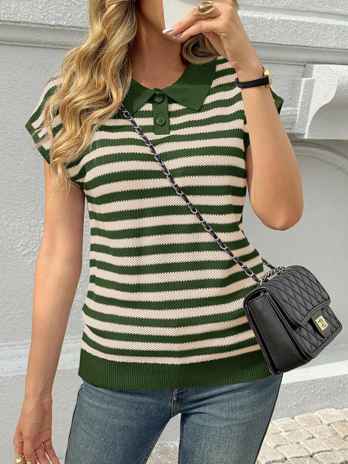 image:imageSaodimallsu Womens Striped Polo Sweater Cap Sleeve Summer Top Button V Neck Collared Knit Pullover ShirtsArmy Green