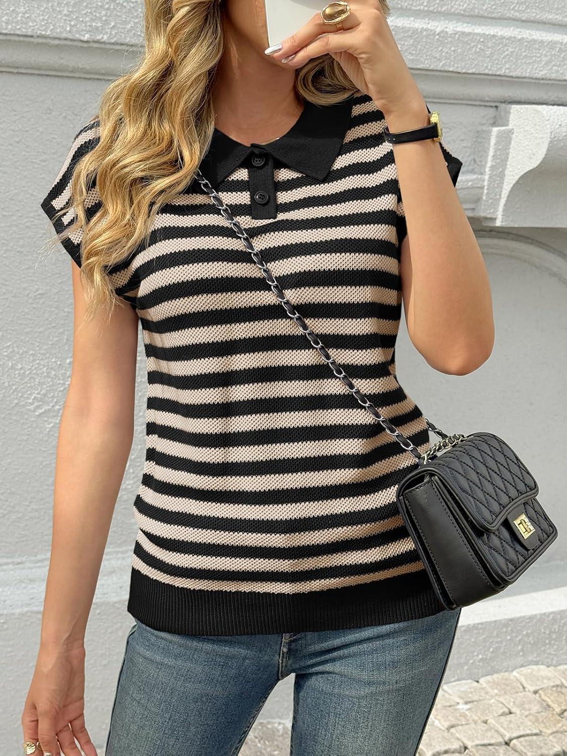 image:imageSaodimallsu Womens Striped Polo Sweater Cap Sleeve Summer Top Button V Neck Collared Knit Pullover ShirtsBeige