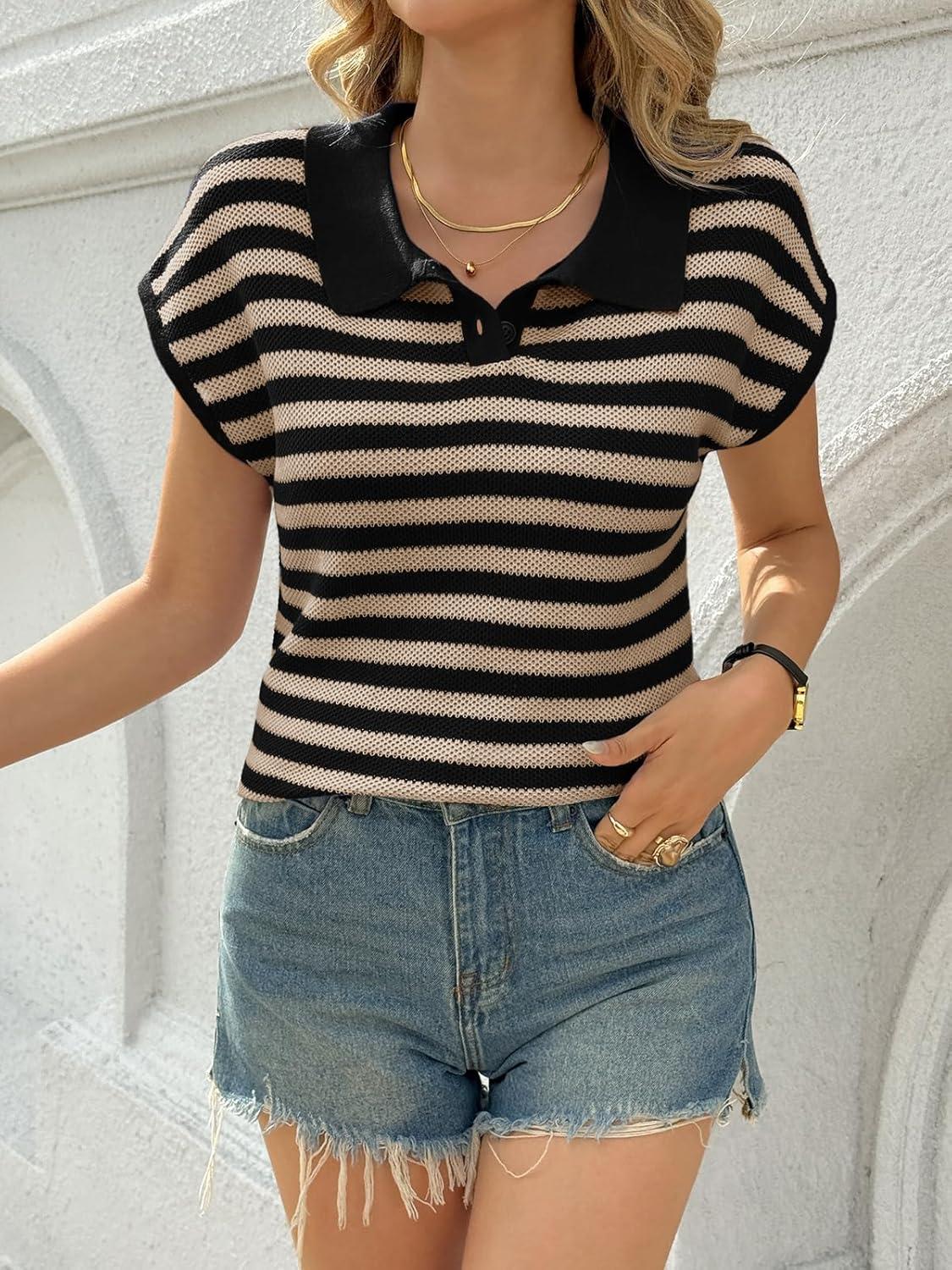 image:imageSaodimallsu Womens Striped Polo Sweater Cap Sleeve Summer Top Button V Neck Collared Knit Pullover ShirtsBeige
