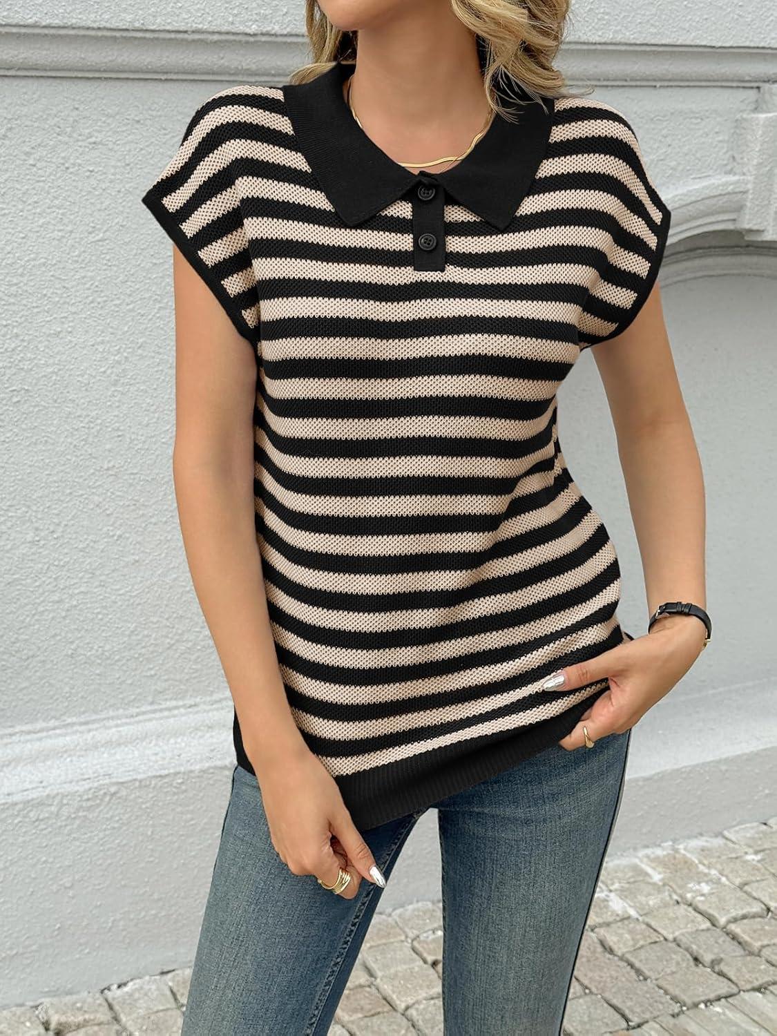 image:imageSaodimallsu Womens Striped Polo Sweater Cap Sleeve Summer Top Button V Neck Collared Knit Pullover ShirtsBeige