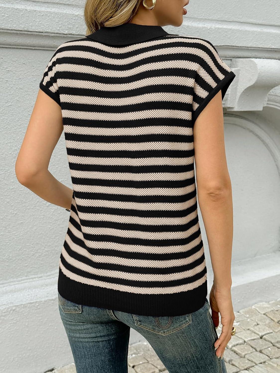 image:imageSaodimallsu Womens Striped Polo Sweater Cap Sleeve Summer Top Button V Neck Collared Knit Pullover ShirtsBeige