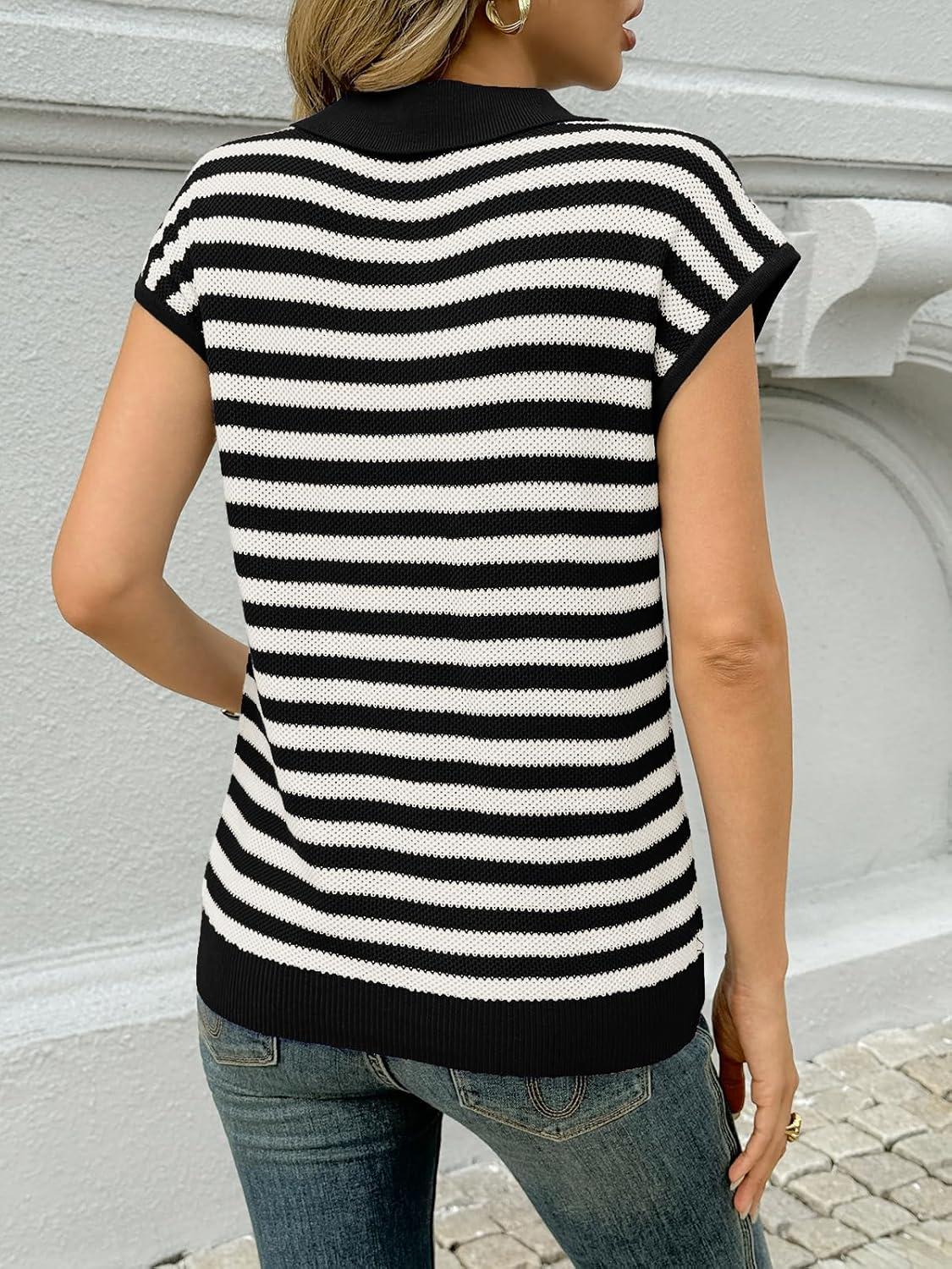 image:imageSaodimallsu Womens Striped Polo Sweater Cap Sleeve Summer Top Button V Neck Collared Knit Pullover ShirtsBlack