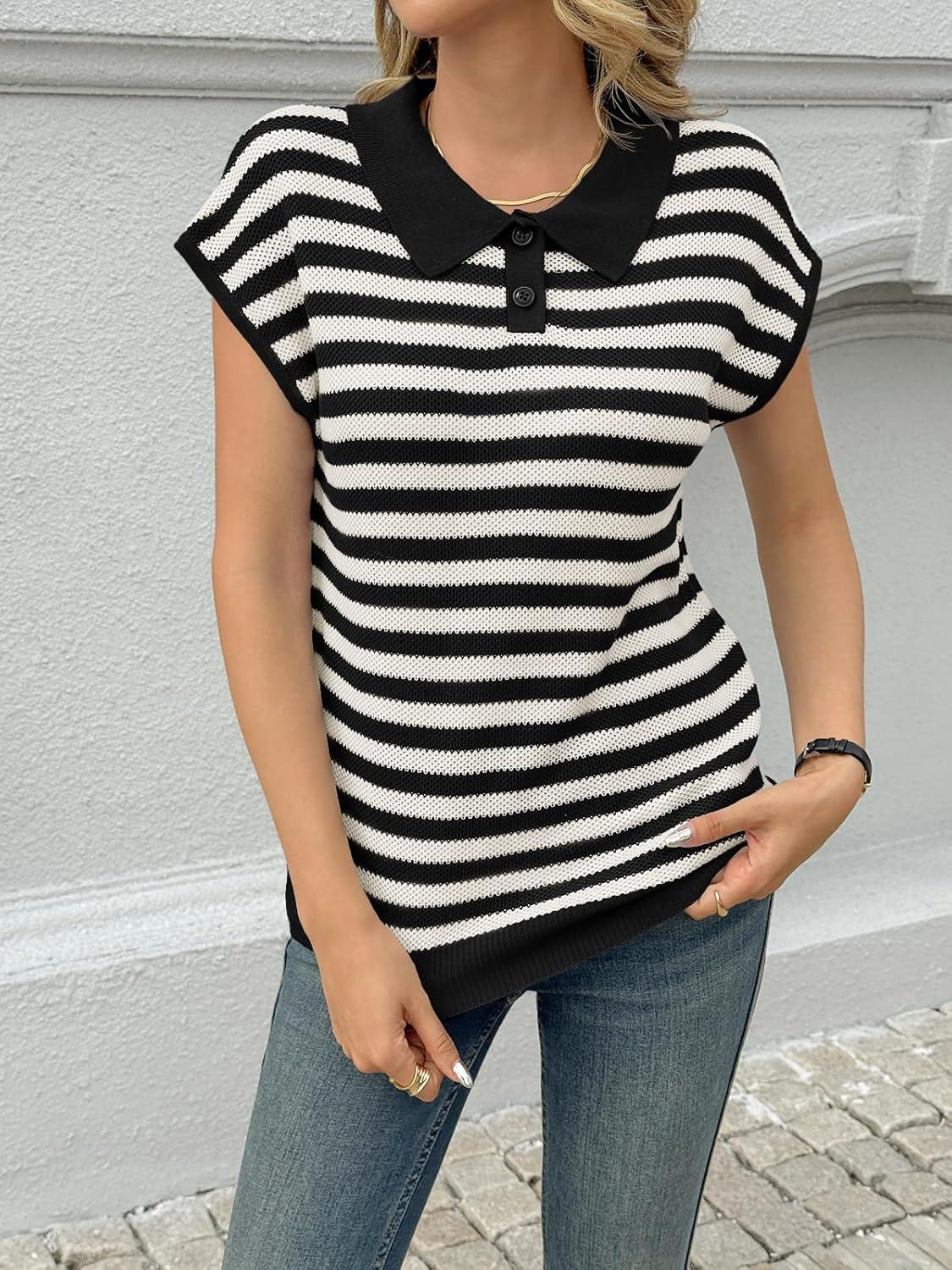 image:imageSaodimallsu Womens Striped Polo Sweater Cap Sleeve Summer Top Button V Neck Collared Knit Pullover ShirtsBlack