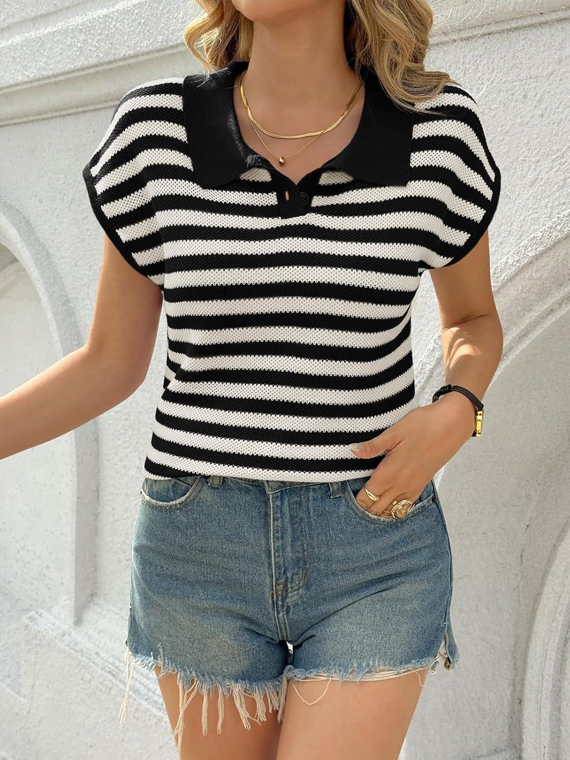 image:imageSaodimallsu Womens Striped Polo Sweater Cap Sleeve Summer Top Button V Neck Collared Knit Pullover ShirtsBlack
