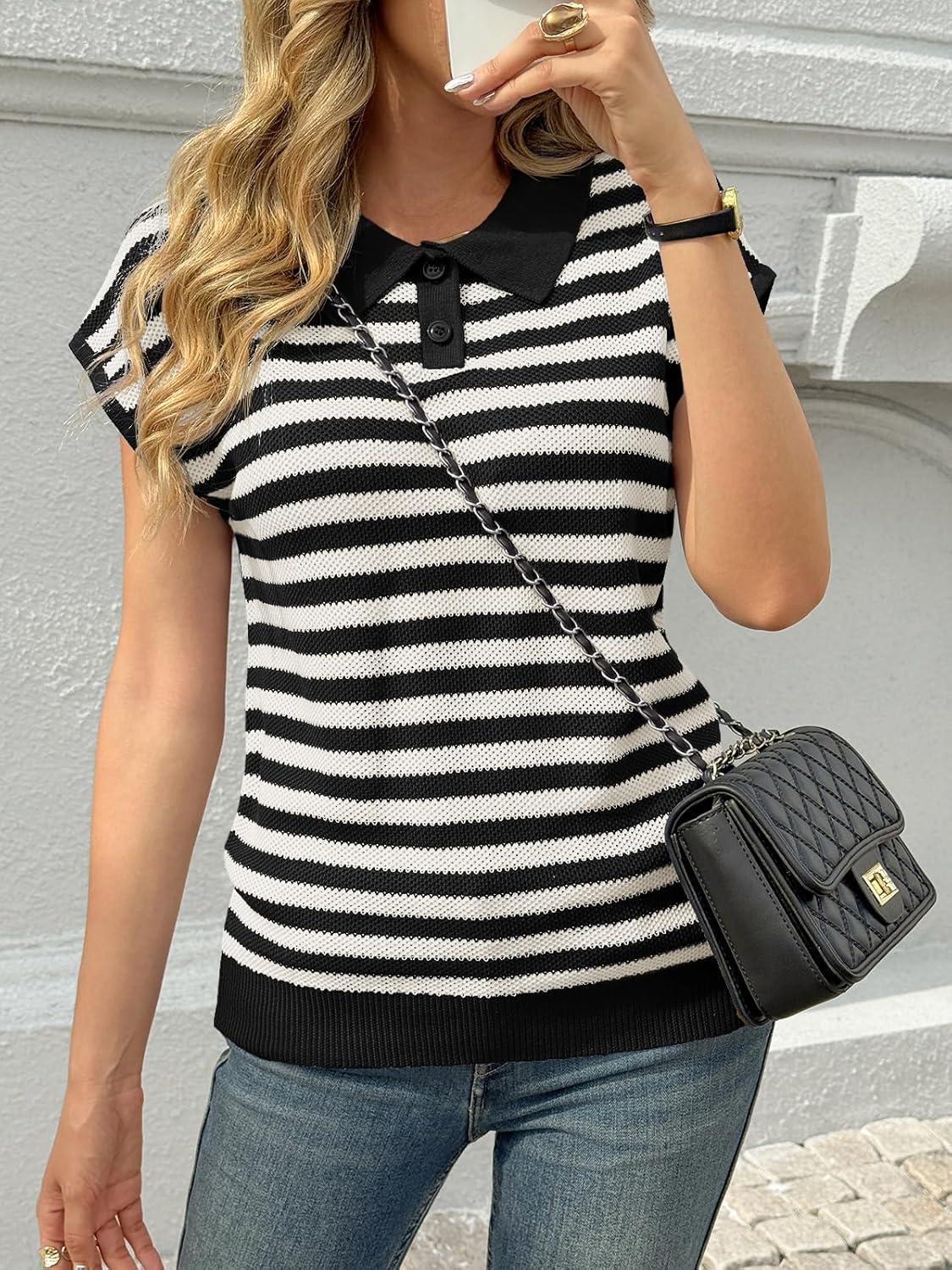 image:imageSaodimallsu Womens Striped Polo Sweater Cap Sleeve Summer Top Button V Neck Collared Knit Pullover ShirtsBlack