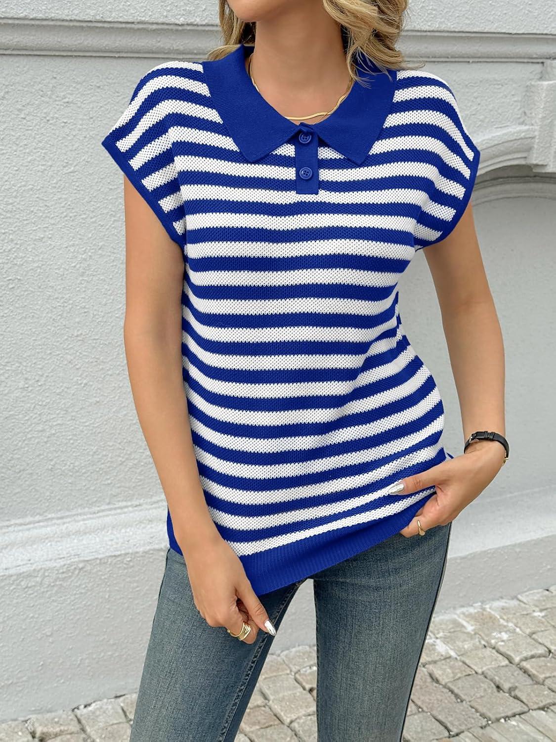 image:imageSaodimallsu Womens Striped Polo Sweater Cap Sleeve Summer Top Button V Neck Collared Knit Pullover ShirtsBlue
