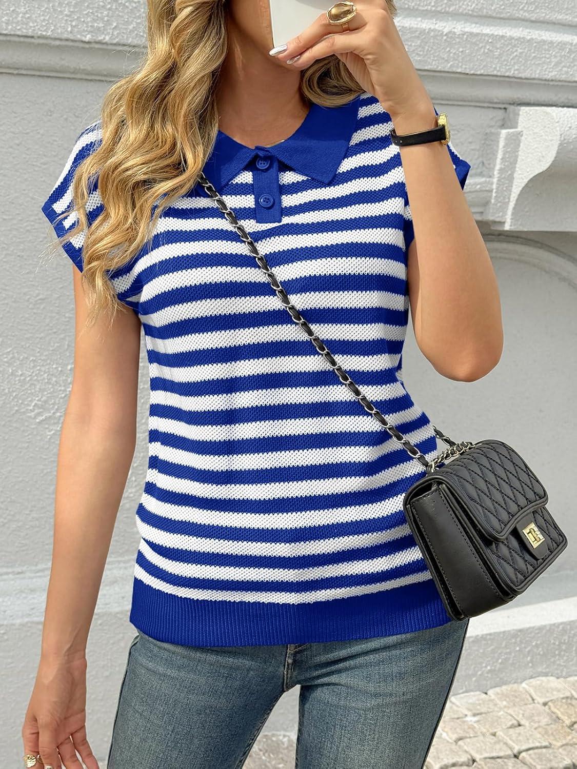 image:imageSaodimallsu Womens Striped Polo Sweater Cap Sleeve Summer Top Button V Neck Collared Knit Pullover ShirtsBlue
