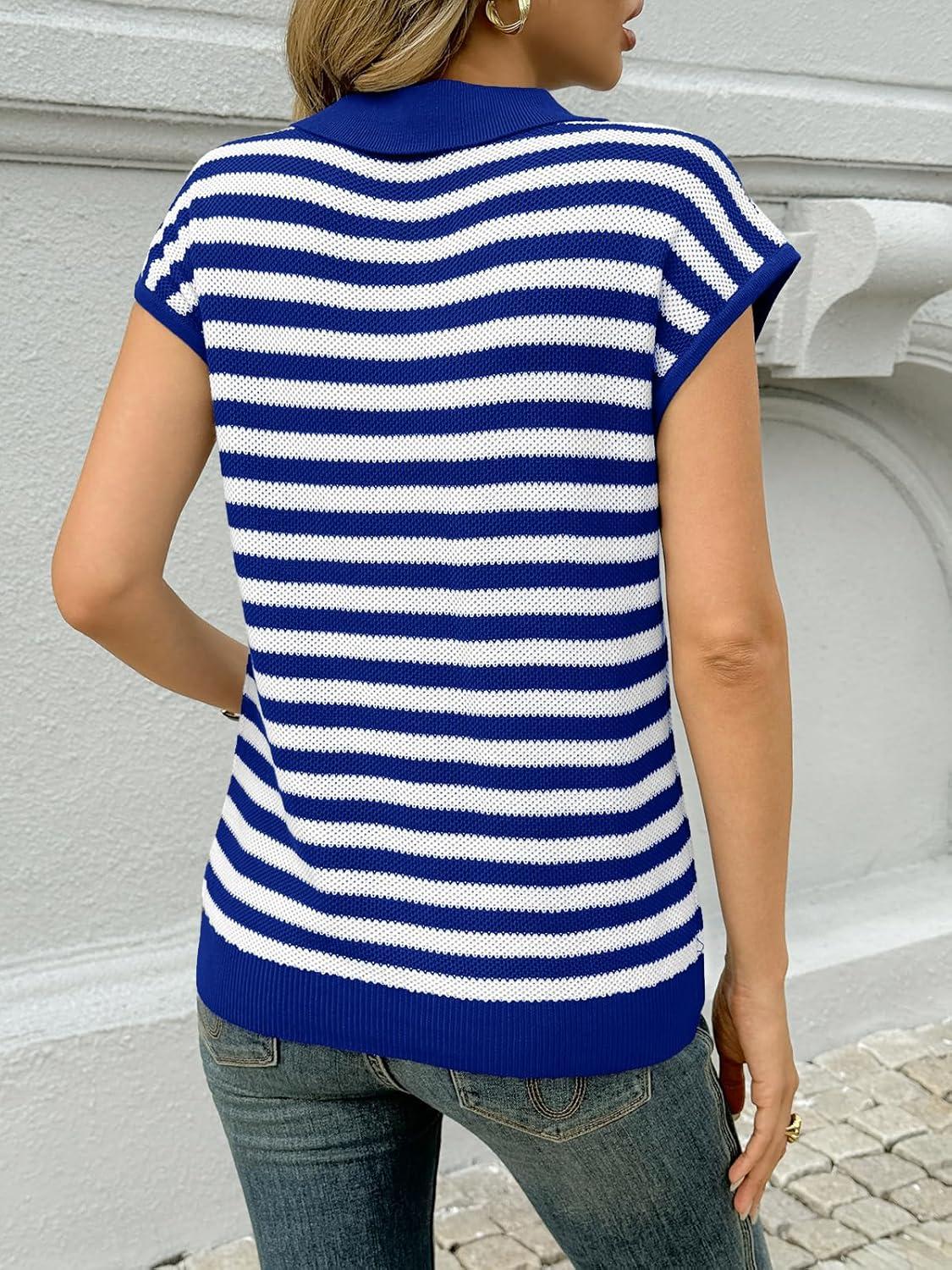 image:imageSaodimallsu Womens Striped Polo Sweater Cap Sleeve Summer Top Button V Neck Collared Knit Pullover ShirtsBlue