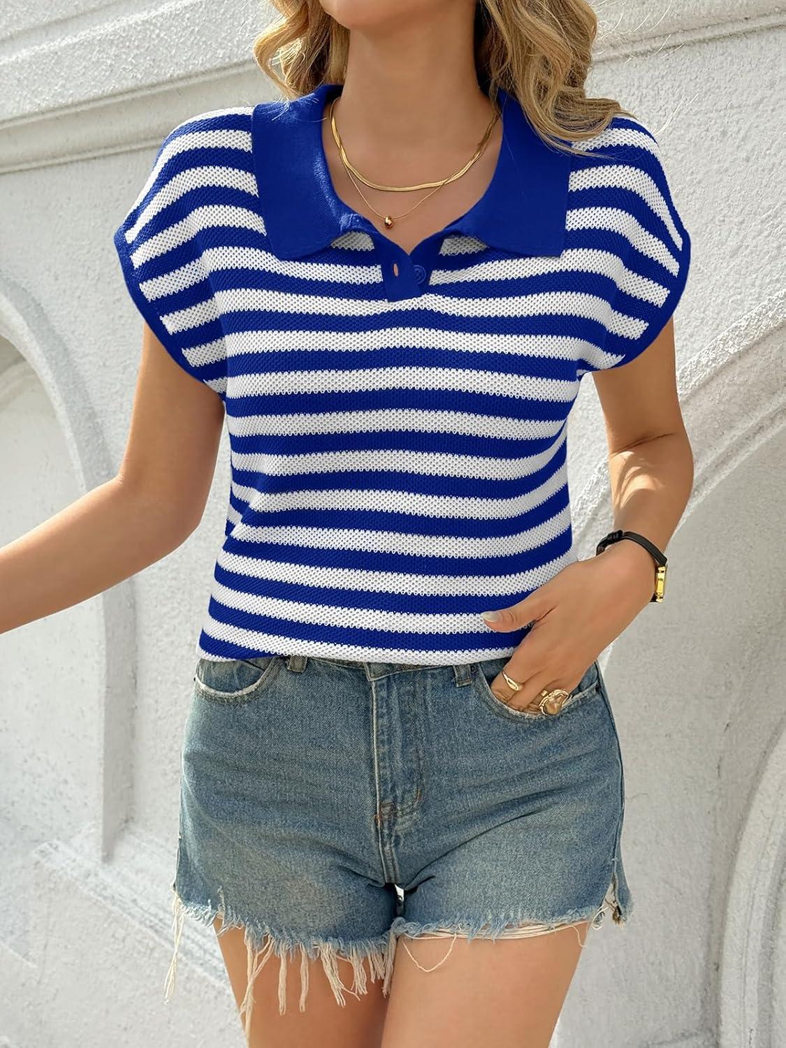 image:imageSaodimallsu Womens Striped Polo Sweater Cap Sleeve Summer Top Button V Neck Collared Knit Pullover ShirtsBlue
