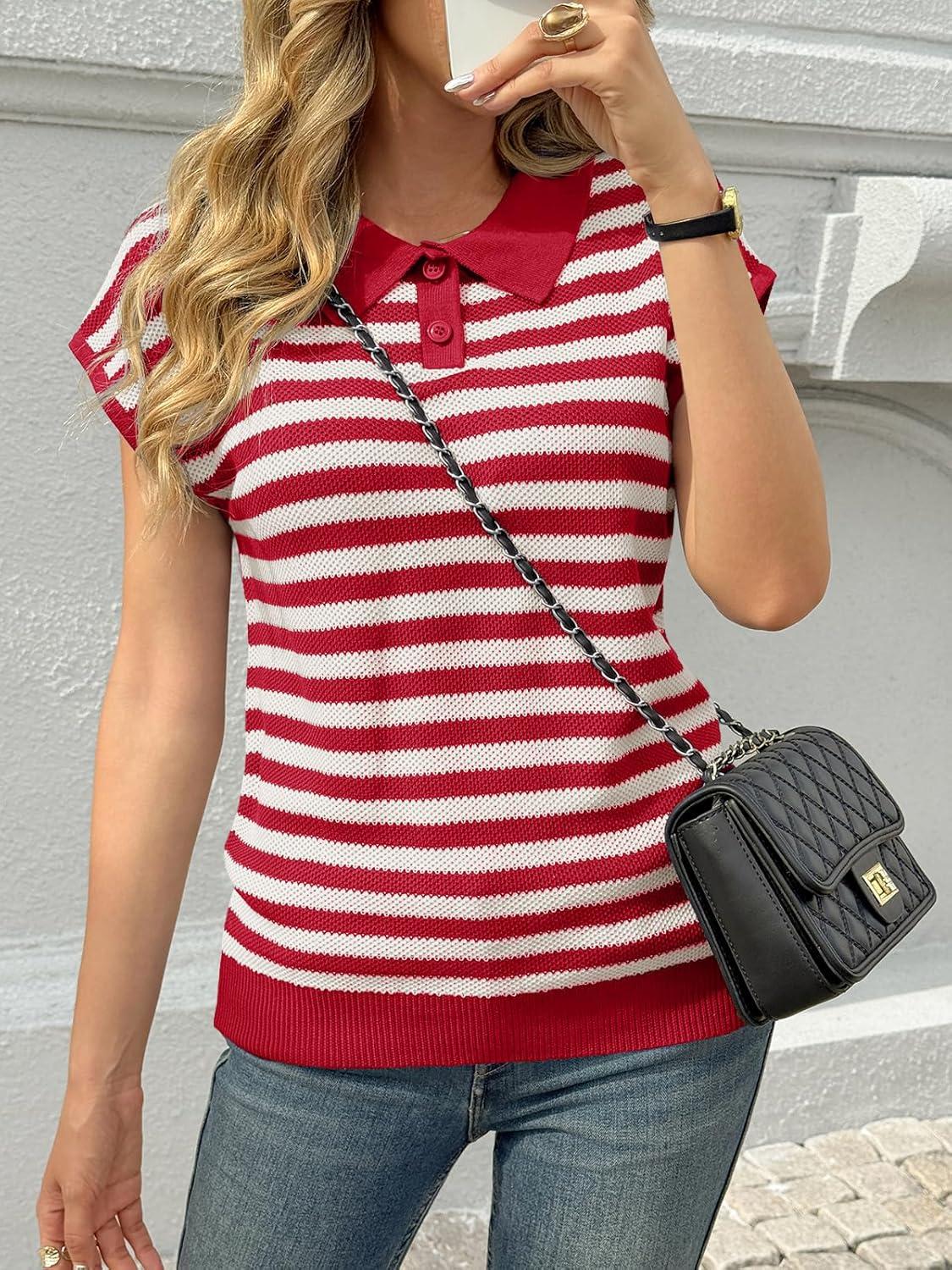 image:imageSaodimallsu Womens Striped Polo Sweater Cap Sleeve Summer Top Button V Neck Collared Knit Pullover ShirtsRed