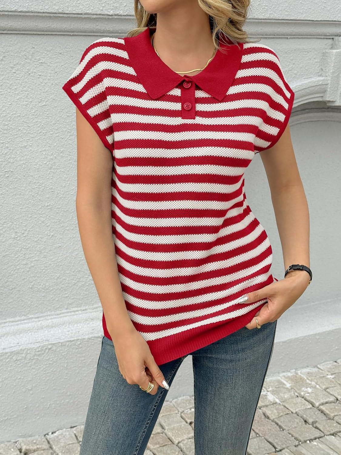 image:imageSaodimallsu Womens Striped Polo Sweater Cap Sleeve Summer Top Button V Neck Collared Knit Pullover ShirtsRed