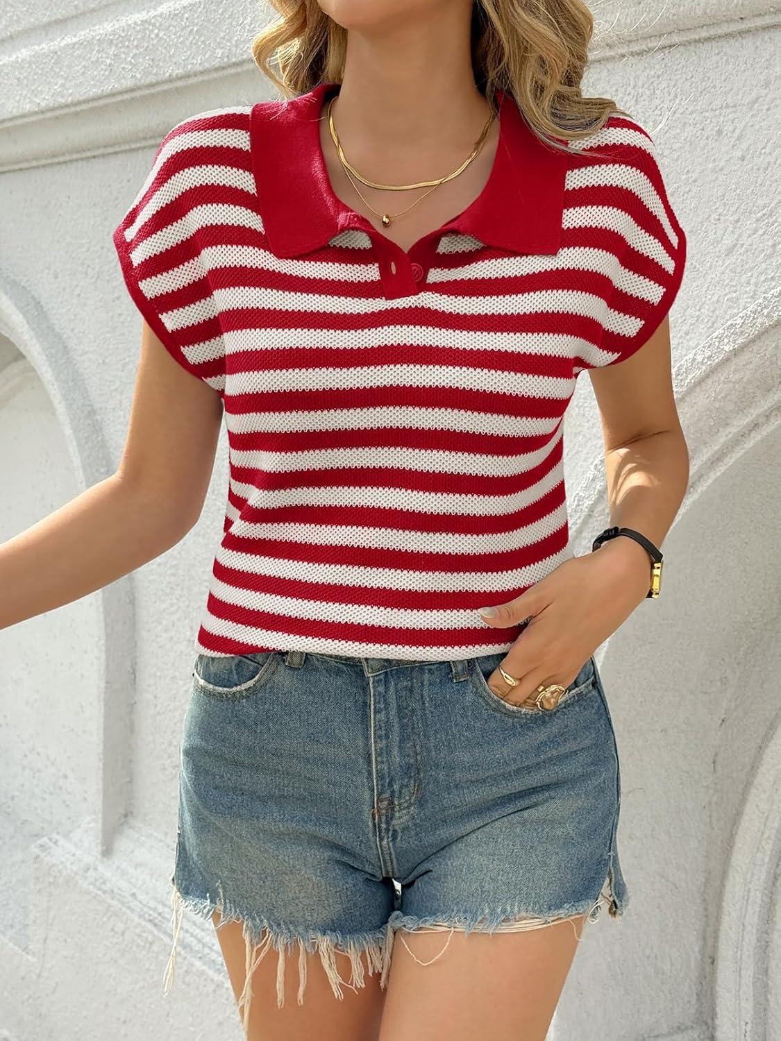 image:imageSaodimallsu Womens Striped Polo Sweater Cap Sleeve Summer Top Button V Neck Collared Knit Pullover ShirtsRed