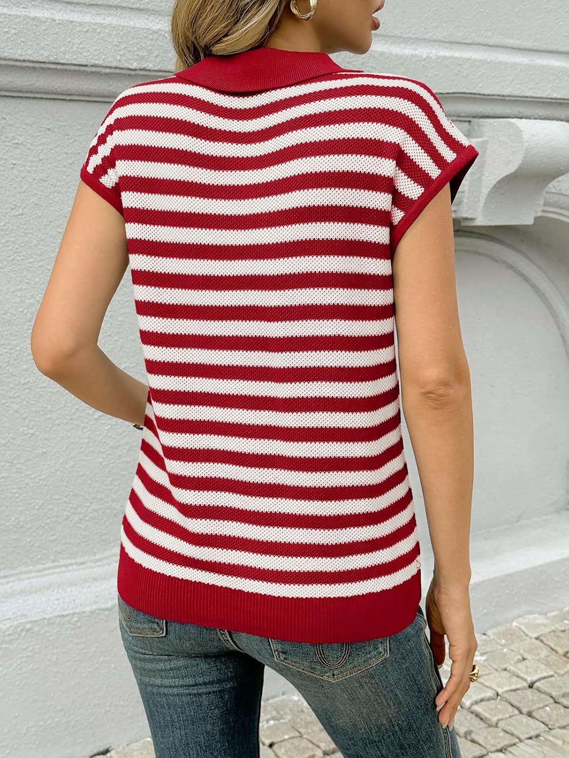 image:imageSaodimallsu Womens Striped Polo Sweater Cap Sleeve Summer Top Button V Neck Collared Knit Pullover ShirtsRed