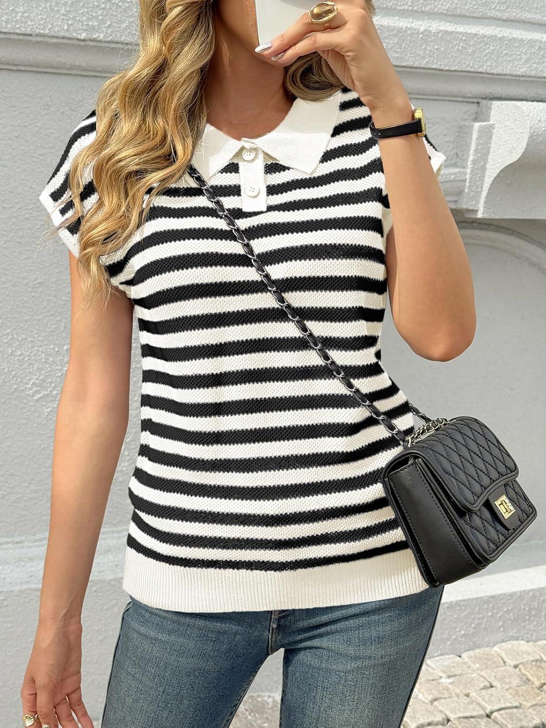image:imageSaodimallsu Womens Striped Polo Sweater Cap Sleeve Summer Top Button V Neck Collared Knit Pullover ShirtsWhite
